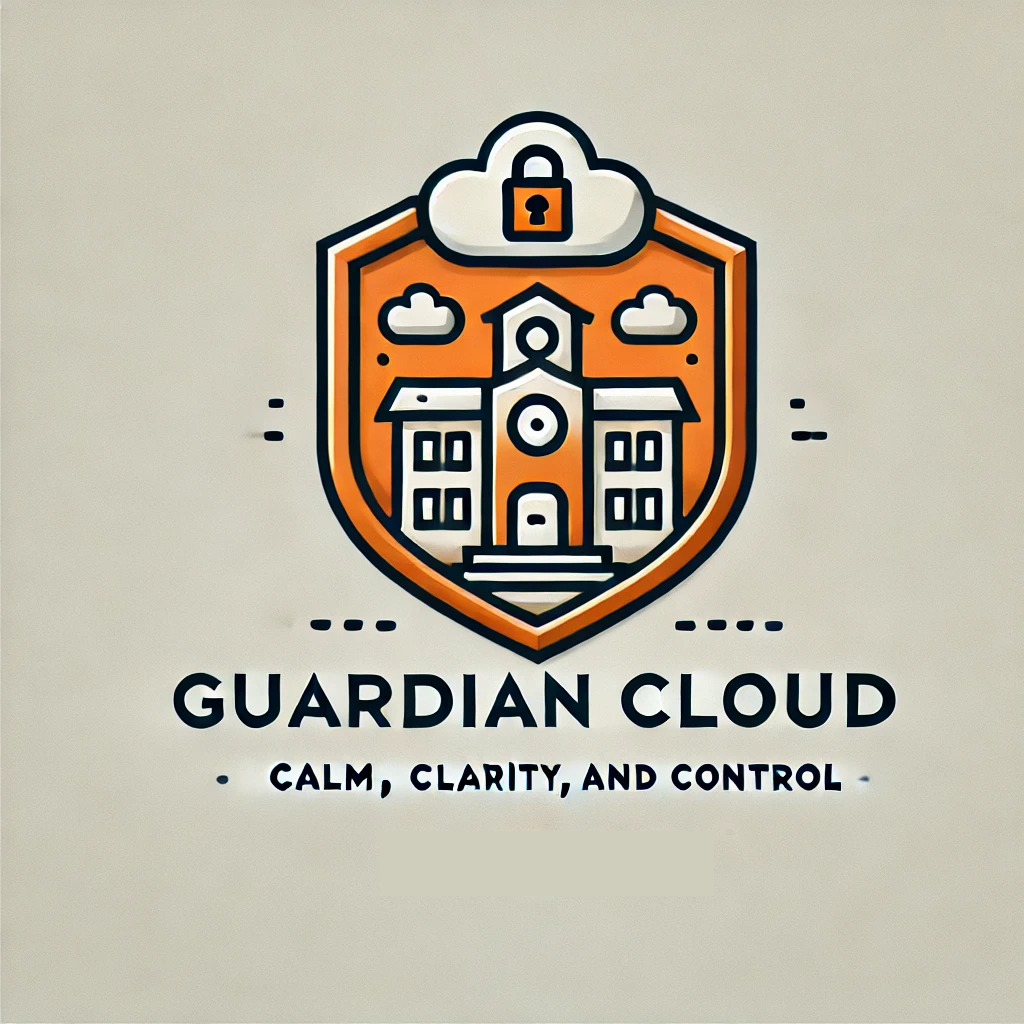 "Guardian Cloud logo featuring an orange shield with a school building, clouds, and a lock icon, symbolizing secure school safety solutions with the tagline 'Calm, Clarity, and Control.'"