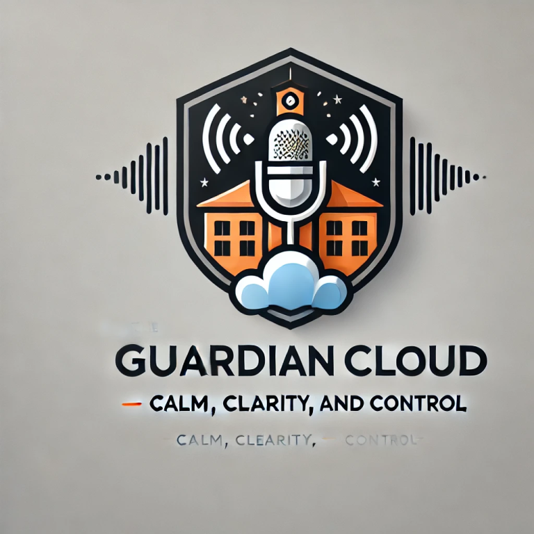 Guardian Cloud podcast cover featuring a modern cloud with a shield icon, symbolizing school safety and emergency communication in a digital age.